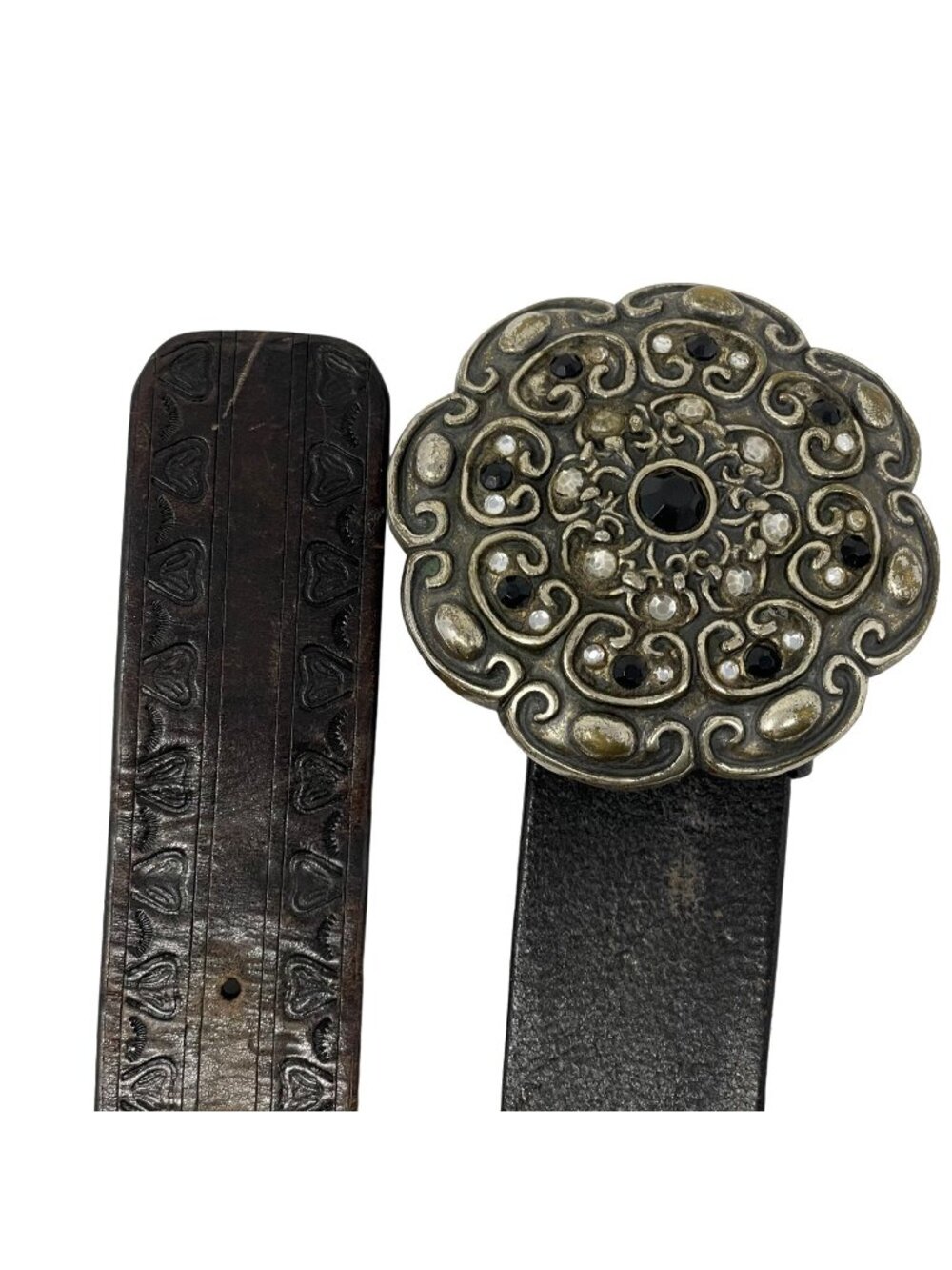 Fossil Leather Waist Belt Size Medium Rhinestone Flower Buckle Boho Hippie Indie